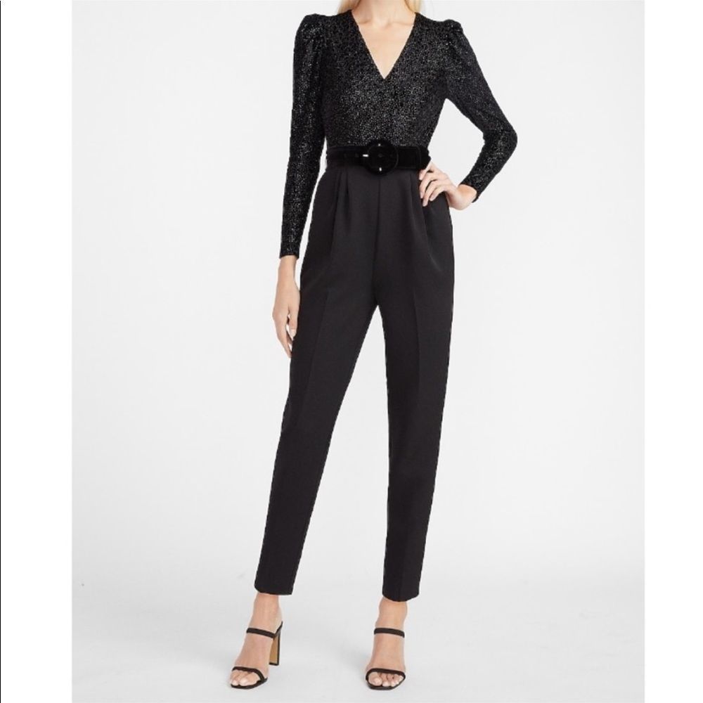 Express Metallic Leopard Belted Jumpsuit black size 12